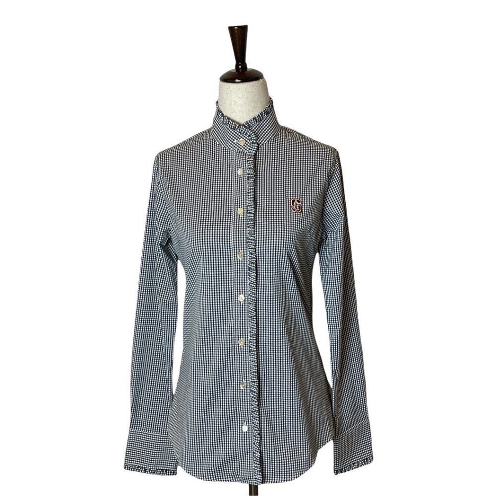 Peter Millar Button Down Shirt Women XS Black White Gingham Ruffle Trim Preppy